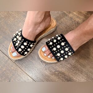 ANDREA FENZI Black Sandals with Pearl Accents